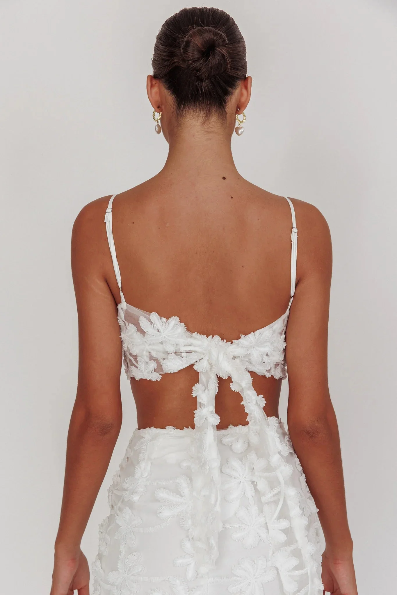 Casi Tied Back Crop Top Embroidered White