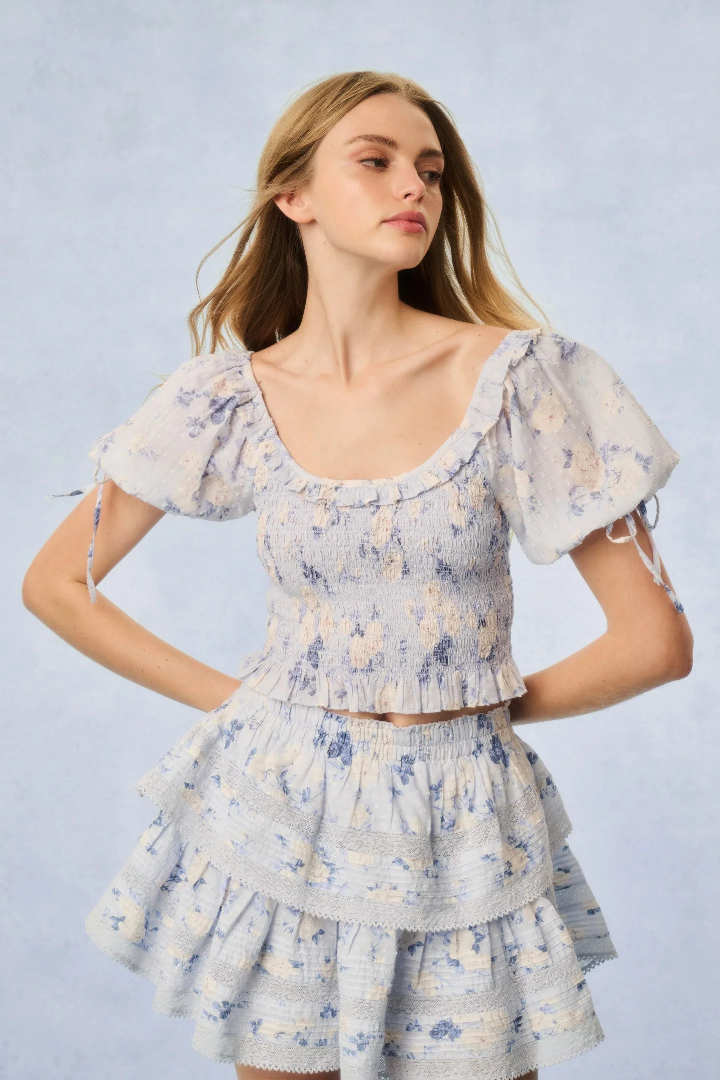 Ruffle Mini Signature Fragrance Print Skirt - WHISPER BLUE