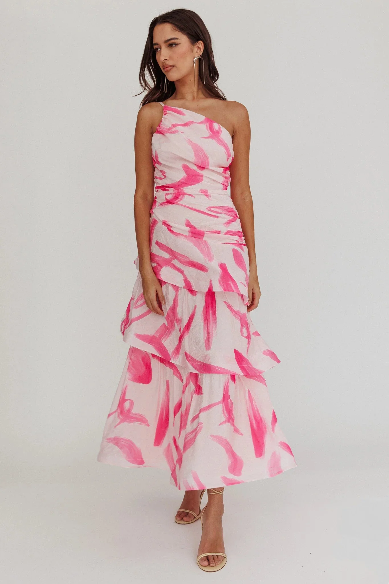 Kenny One Shoulder Tiered Maxi Dress Print Pink