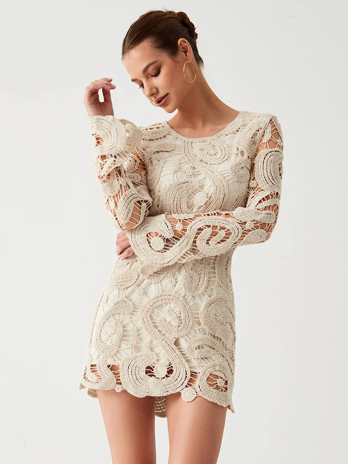 Crochet Paisley Long Sleeve Short Dress