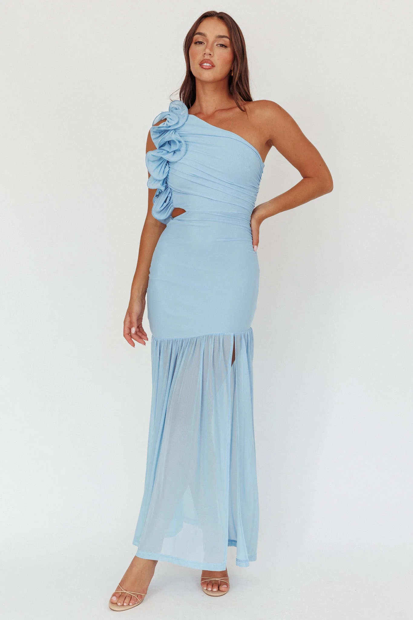 Deanna One-Shoulder Sheer Hem Maxi Dress Blue