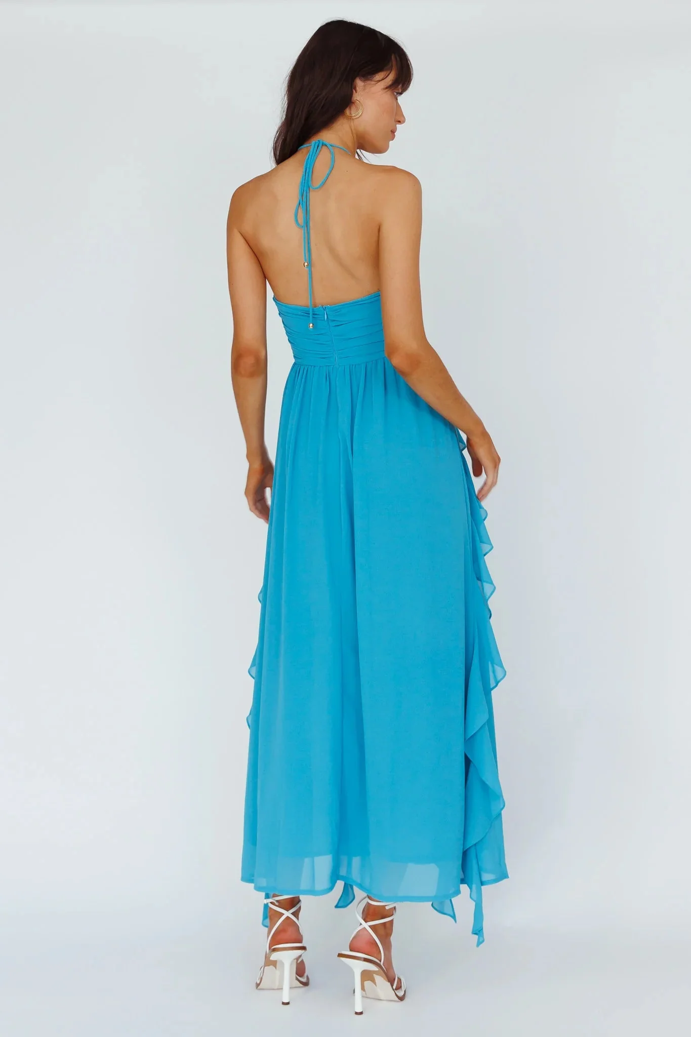 Asiah Ruffle Trim Halterneck Maxi Dress Cerulean Blue