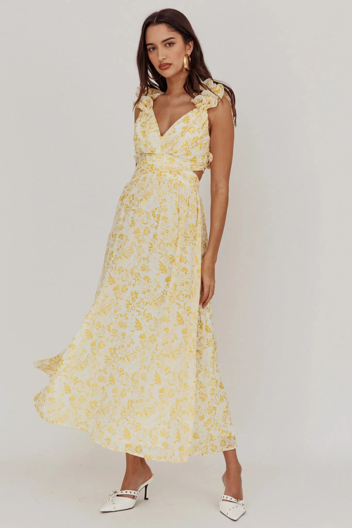 Madara Lace-Up Back Maxi Dress Floral Yellow