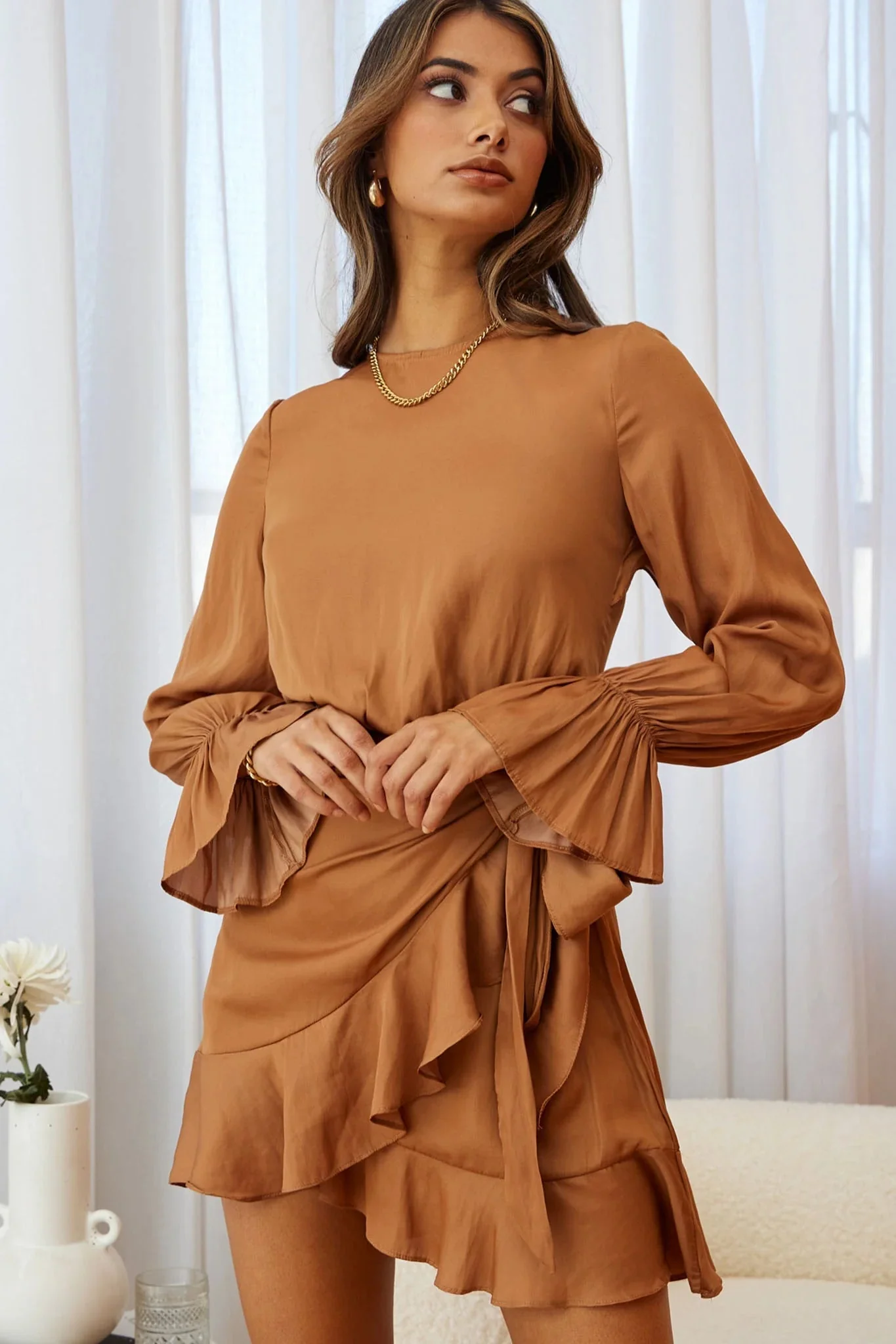 Darla Long Sleeve Satin Dress Tan