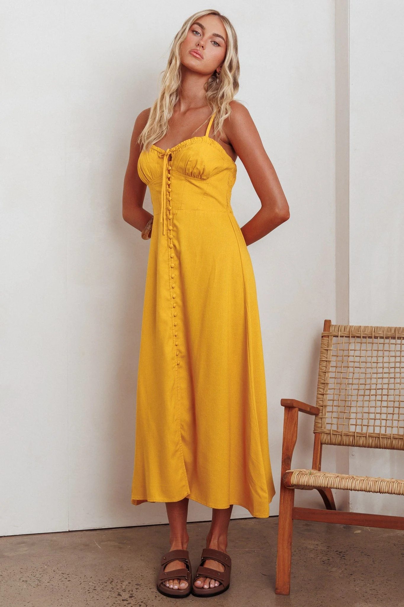 Back Together Button Front Midi Dress Marigold