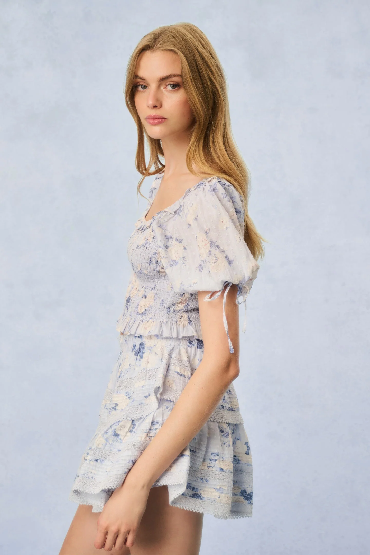 Ruffle Mini Signature Fragrance Print Skirt - WHISPER BLUE