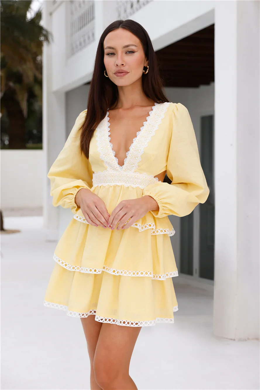 Hibiscus Haven Long Sleeve Mini Dress Yellow