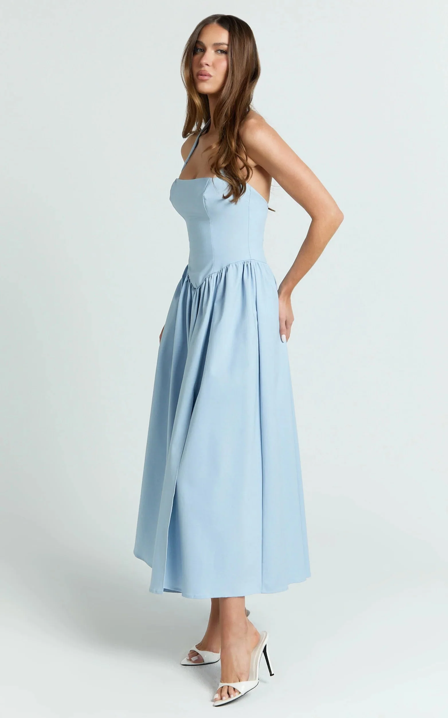 Helda Midi Dress Halter Tie Neck Corset Panel Dress in Soft Blue