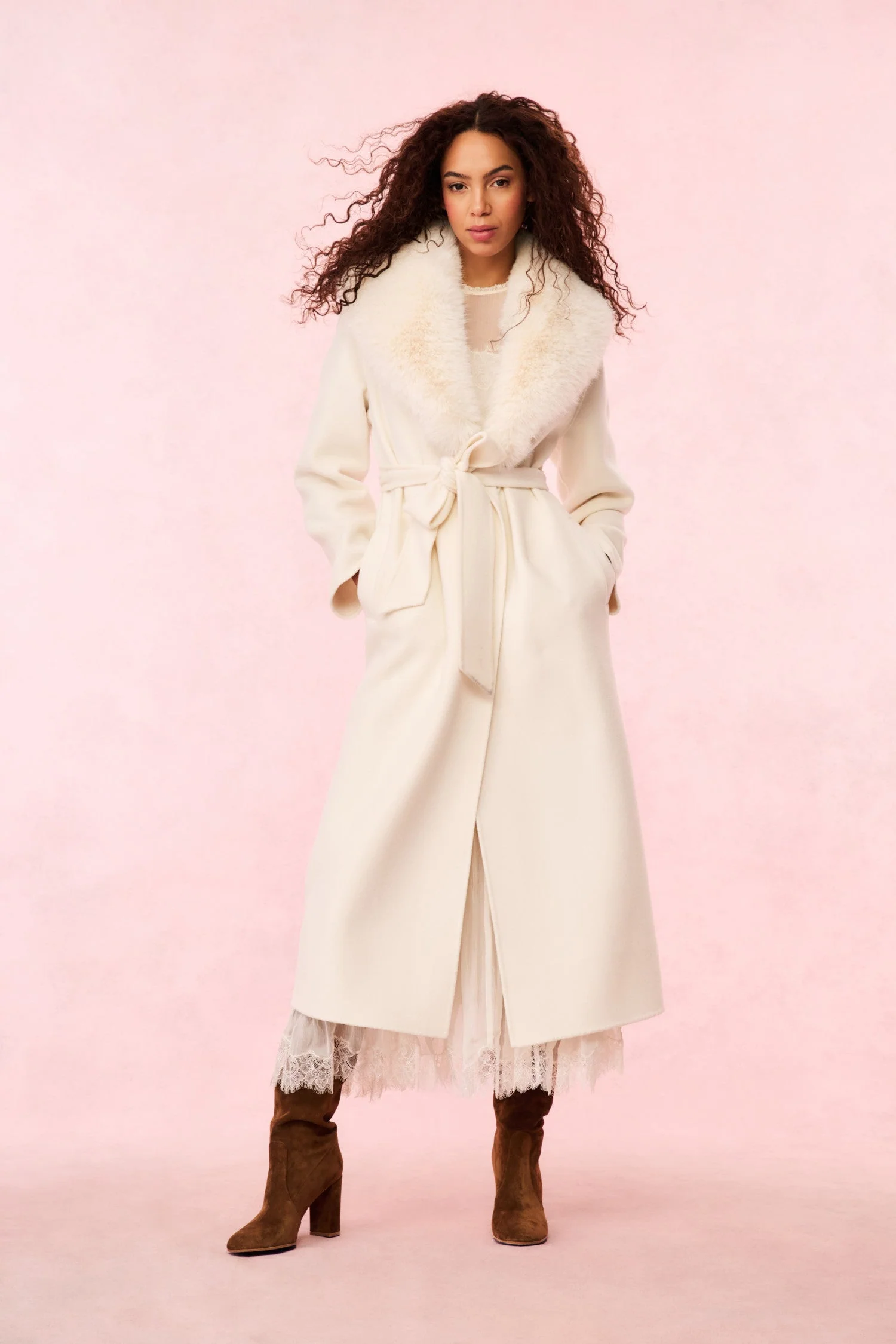 Mahika Wool-Cashmere Faux Fur Collar Coat