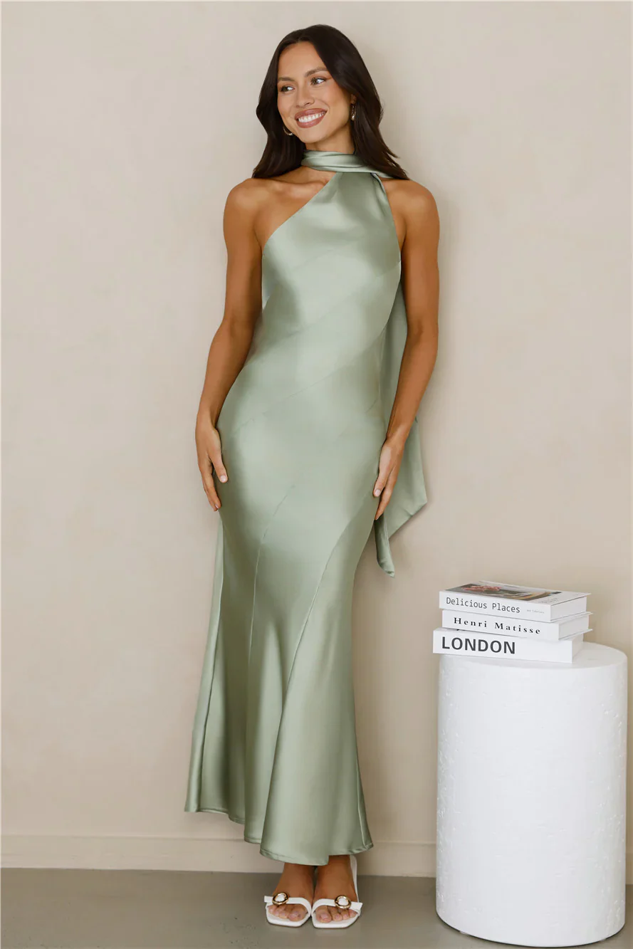 Kissed By Moonlight Satin Maxi Dress Sage