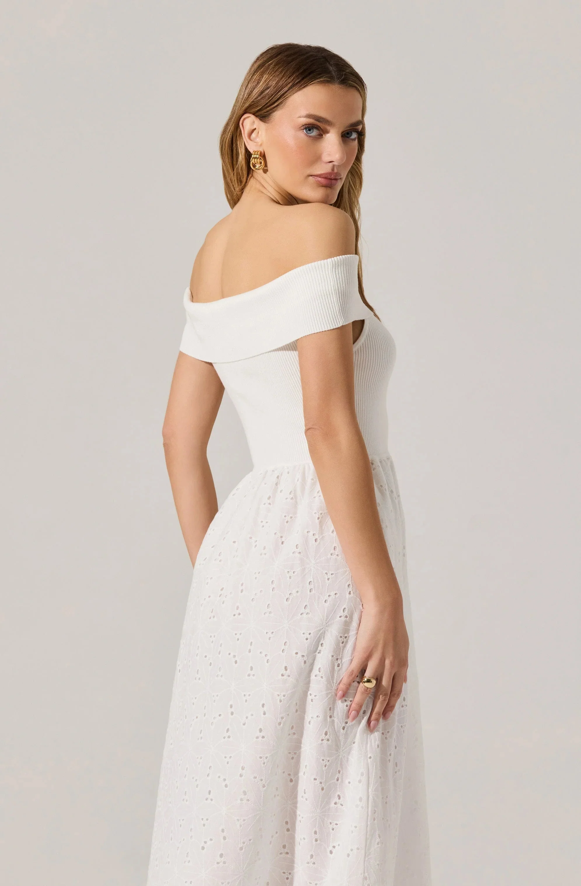 Off Shoulder Eyelet Midi Dress