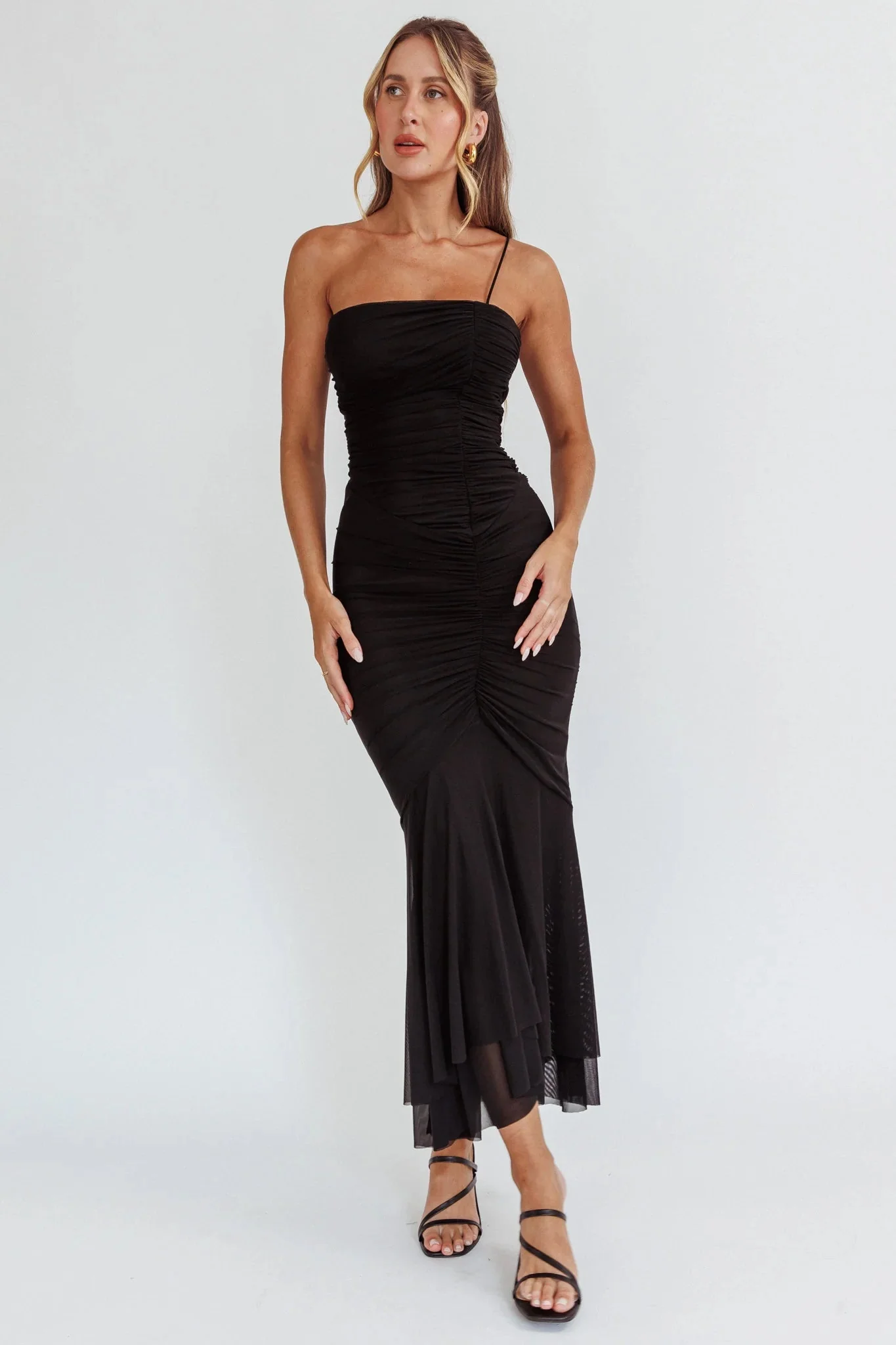 By Chance One Strap Ruched Maxi Dress Black