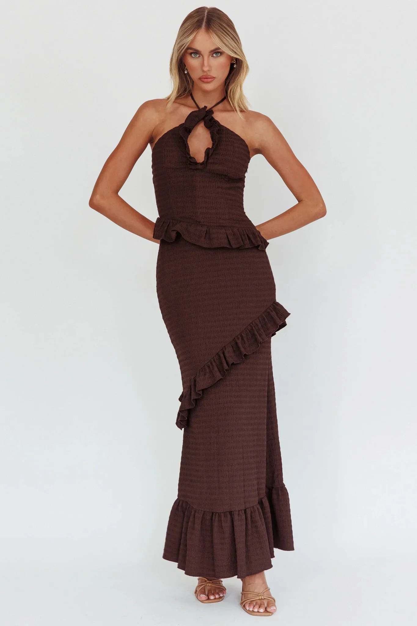 Clemence Smocked Frill Trim Maxi Dress Chocolate