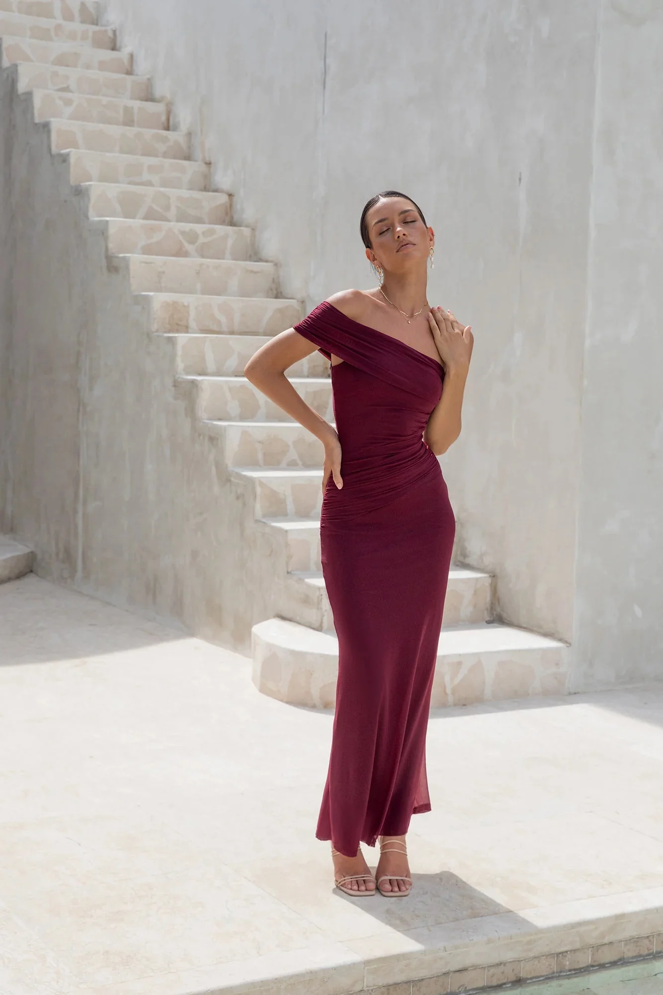 Dahlia One Shoulder Mesh Maxi Dress Maroon