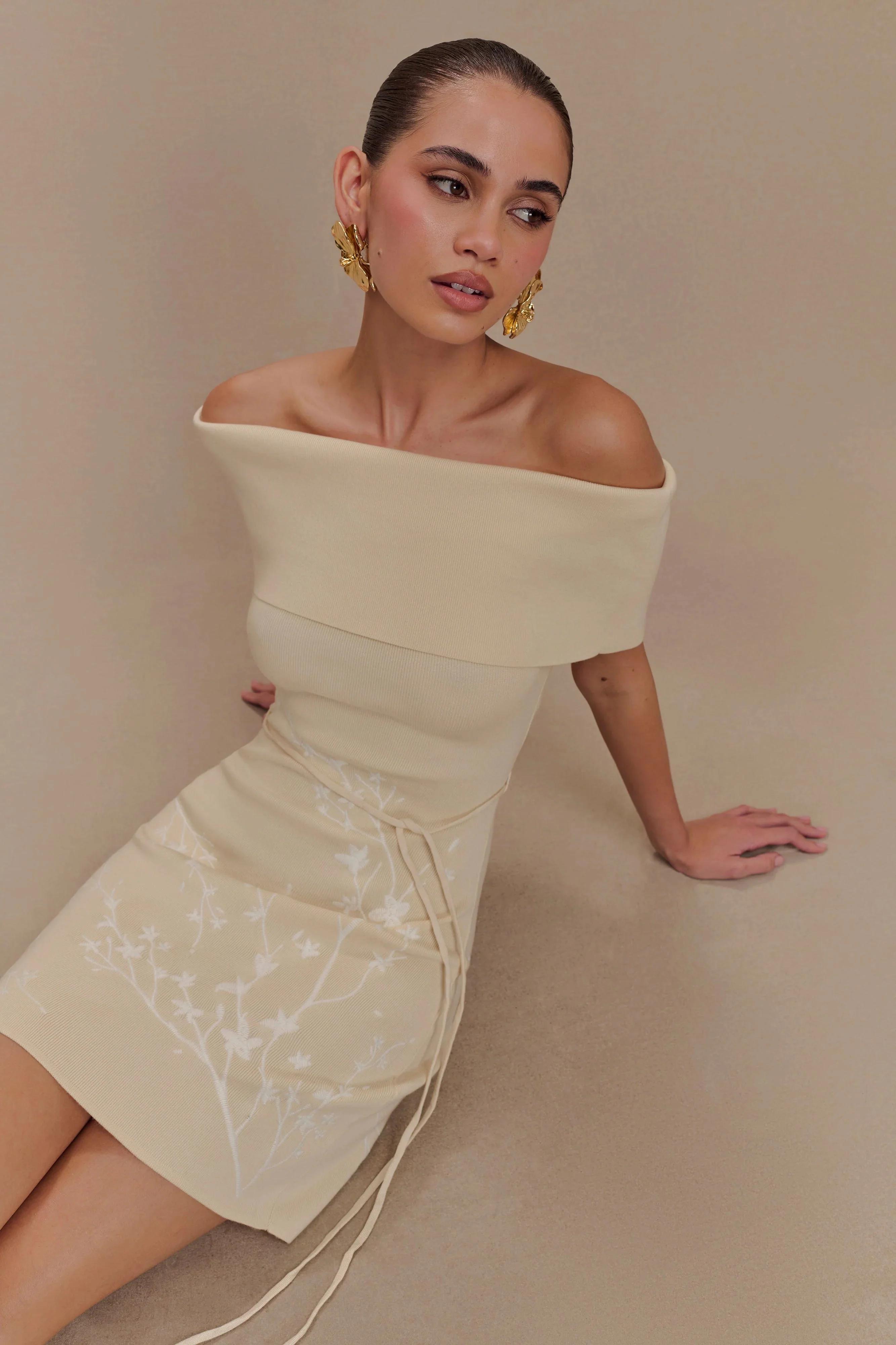 Mallory Off Shoulder Embroidered Knit Mini Dress - Cream And Ivory