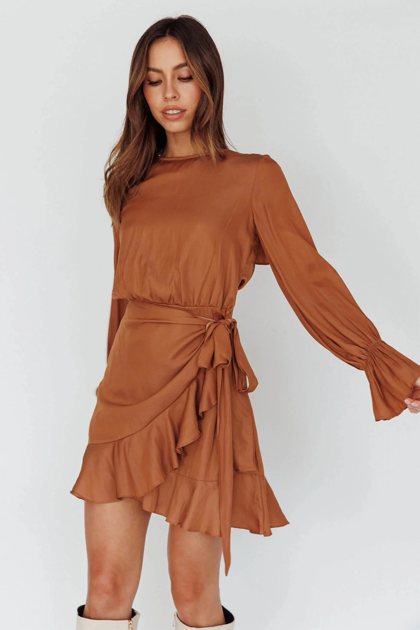 Darla Long Sleeve Satin Dress Tan