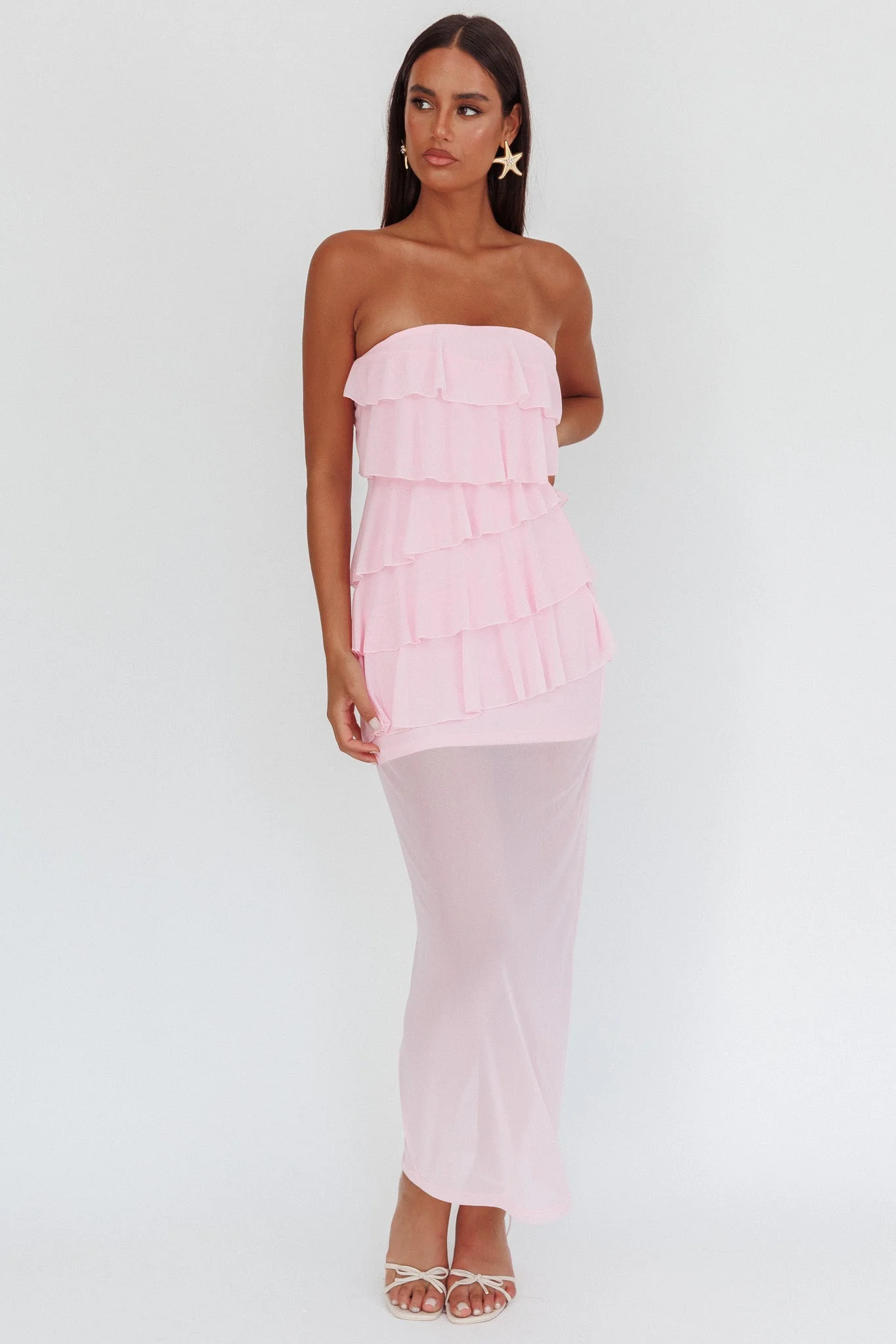 Crewe Strapless Ruffle Maxi Dress Pink