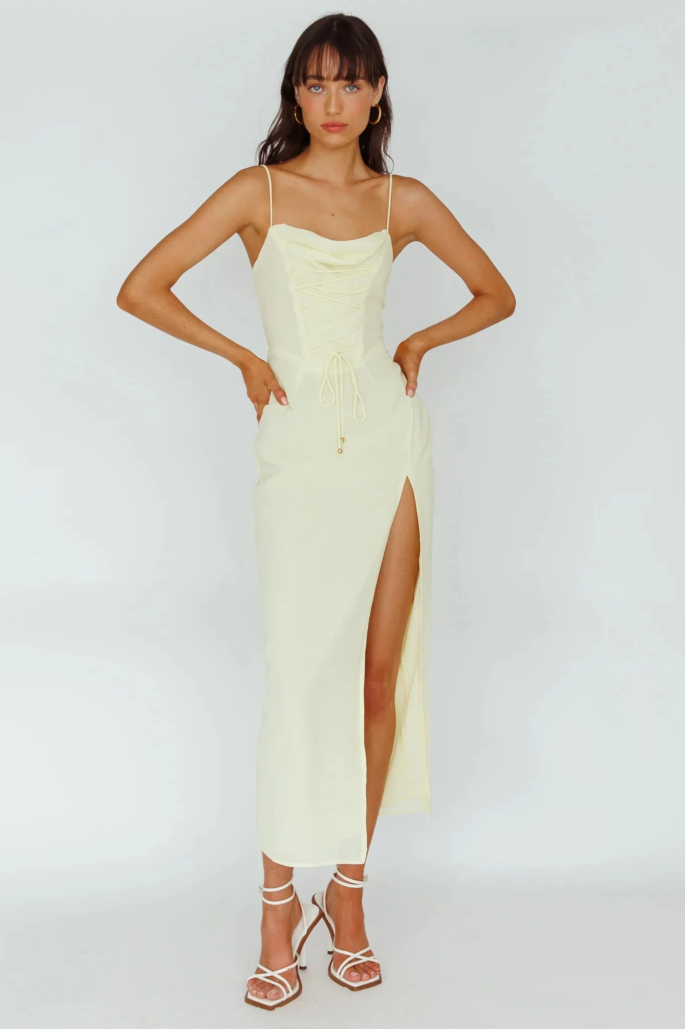 Ryanna Laced Bodice Split Midi Dress Yellow