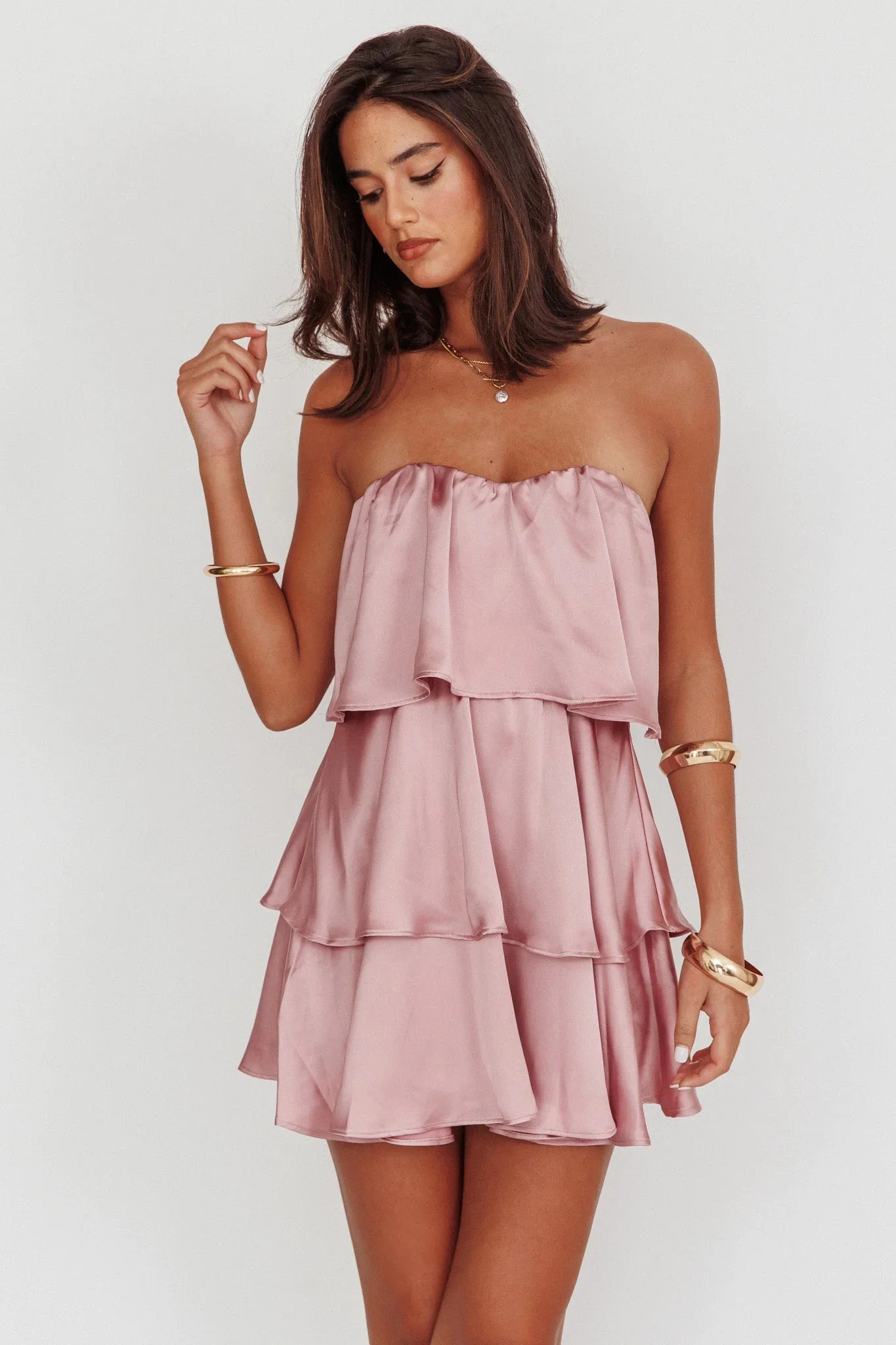 Behati Tiered Layer Strapless Dress Dusty Rose