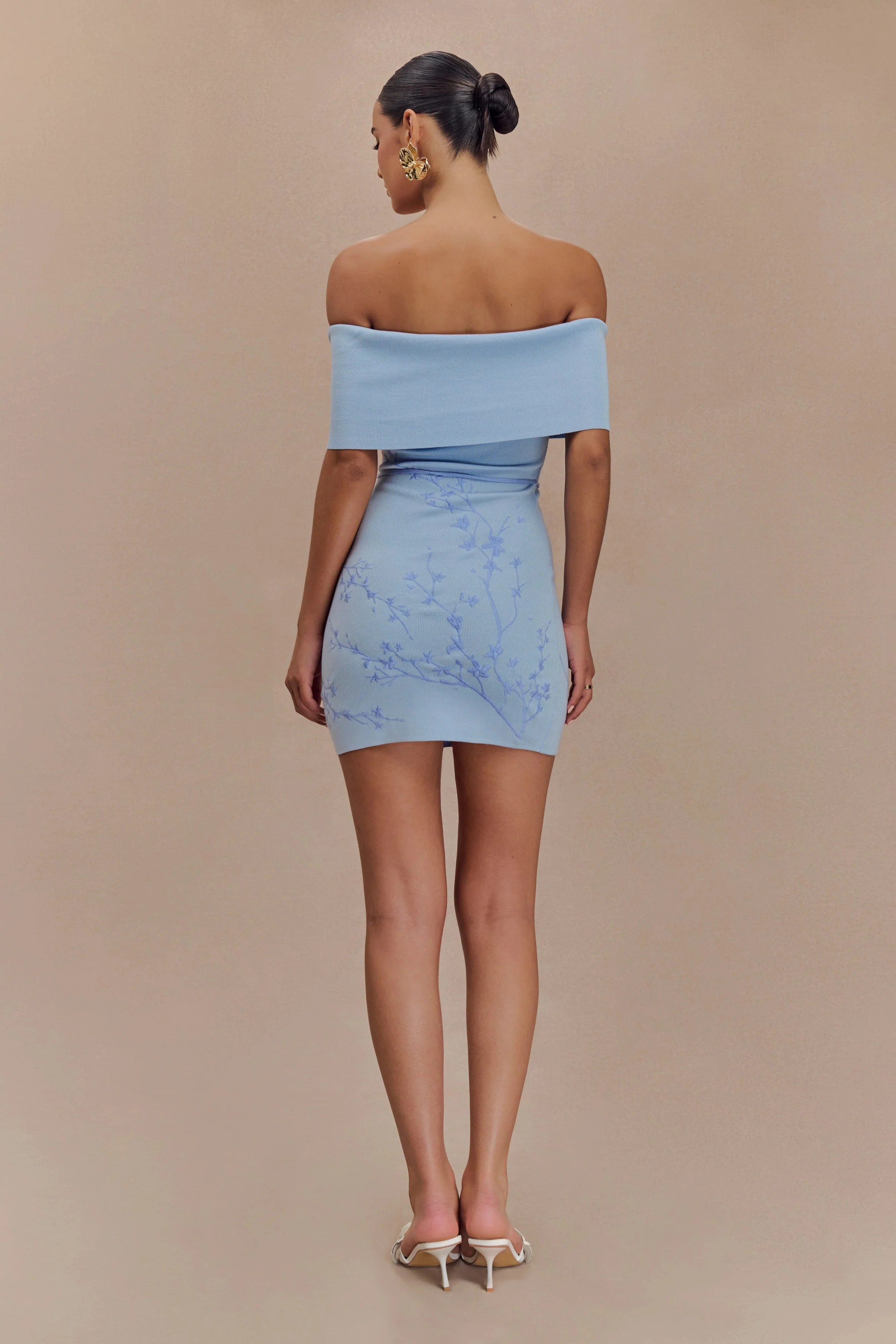 Mallory Off Shoulder Embroidered Knit Mini Dress - Ice Blue