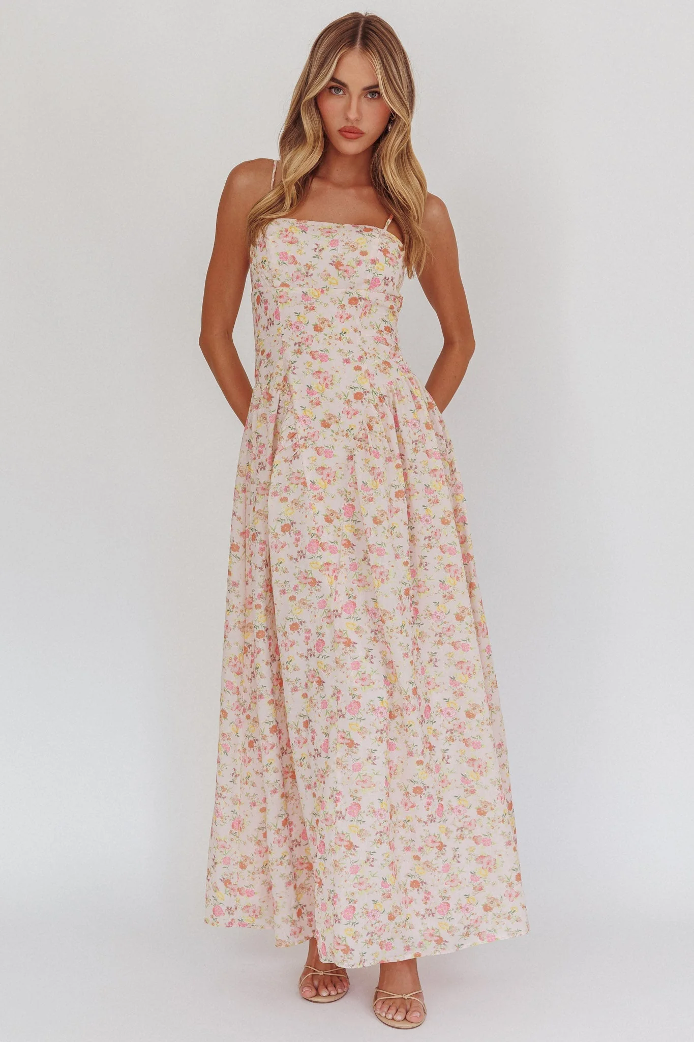 Daisy Day Basque Waist Maxi Dress Floral Pink