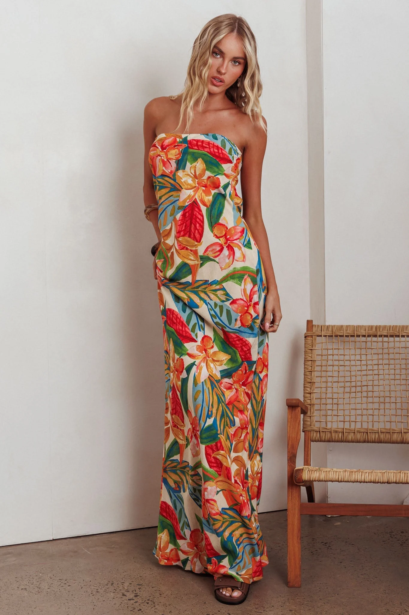 Bird Of Paradise Tied Cowl Back Maxi Dress Botanical