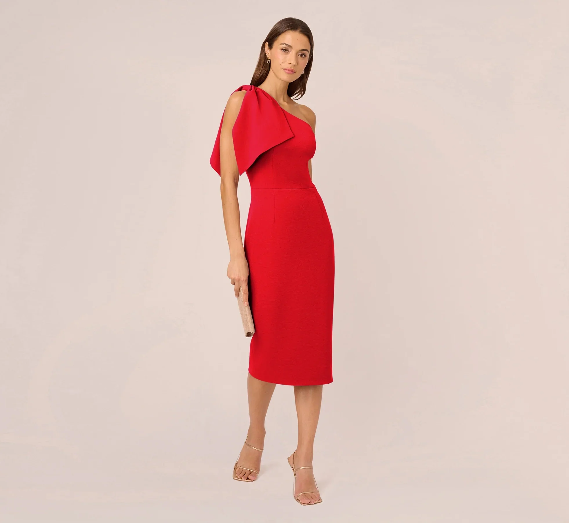 One Shoulder Midi Dress With Bow Accent In Red