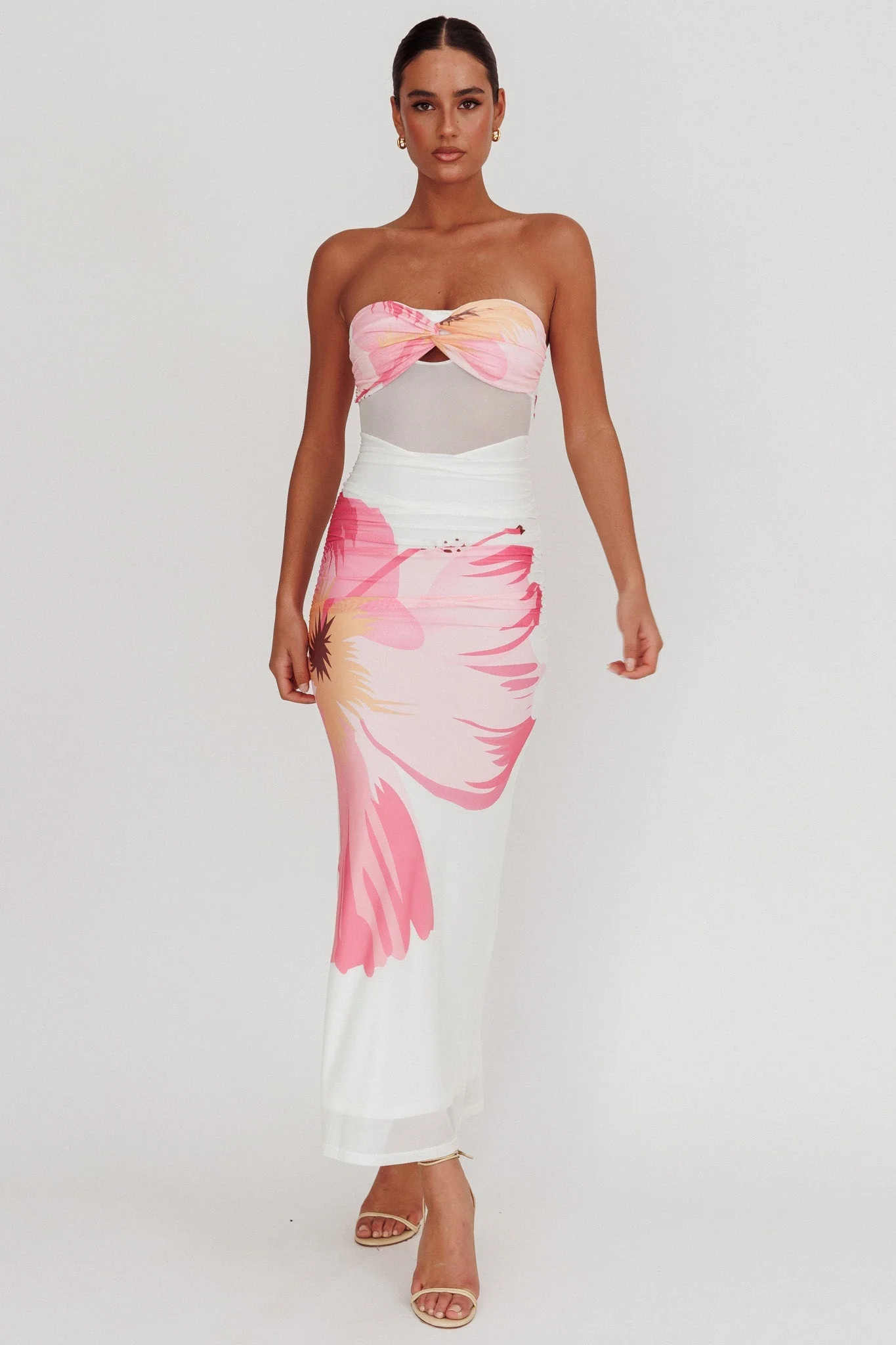 Oliana Sheer Waist Floral Maxi Dress White