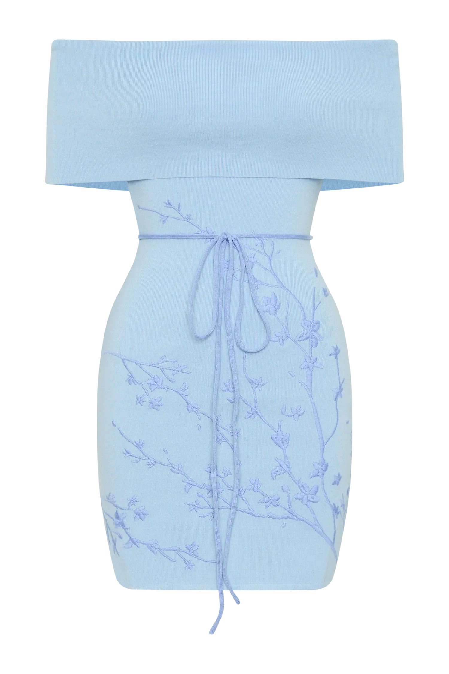 Mallory Off Shoulder Embroidered Knit Mini Dress - Ice Blue