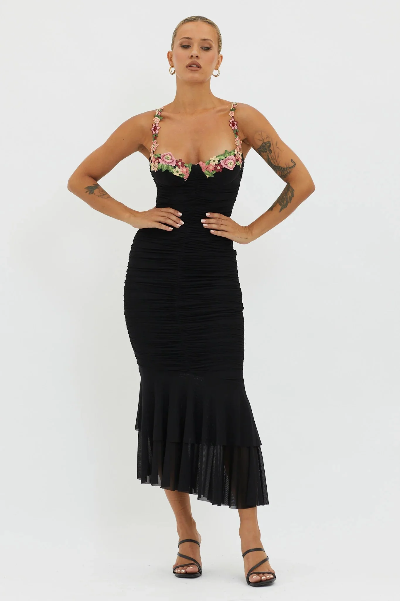 Rose Garden Ruched Mesh Midi Dress Black