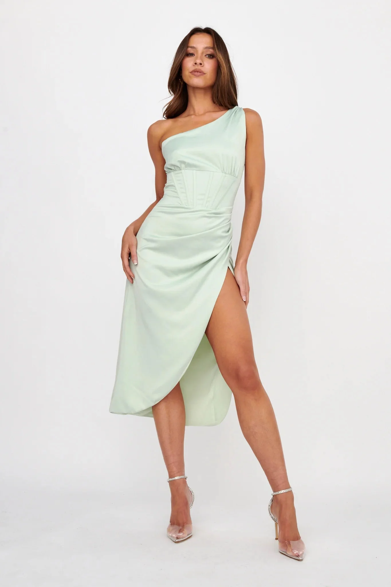 Ryhana One-Shoulder Split Midi Dress Mint