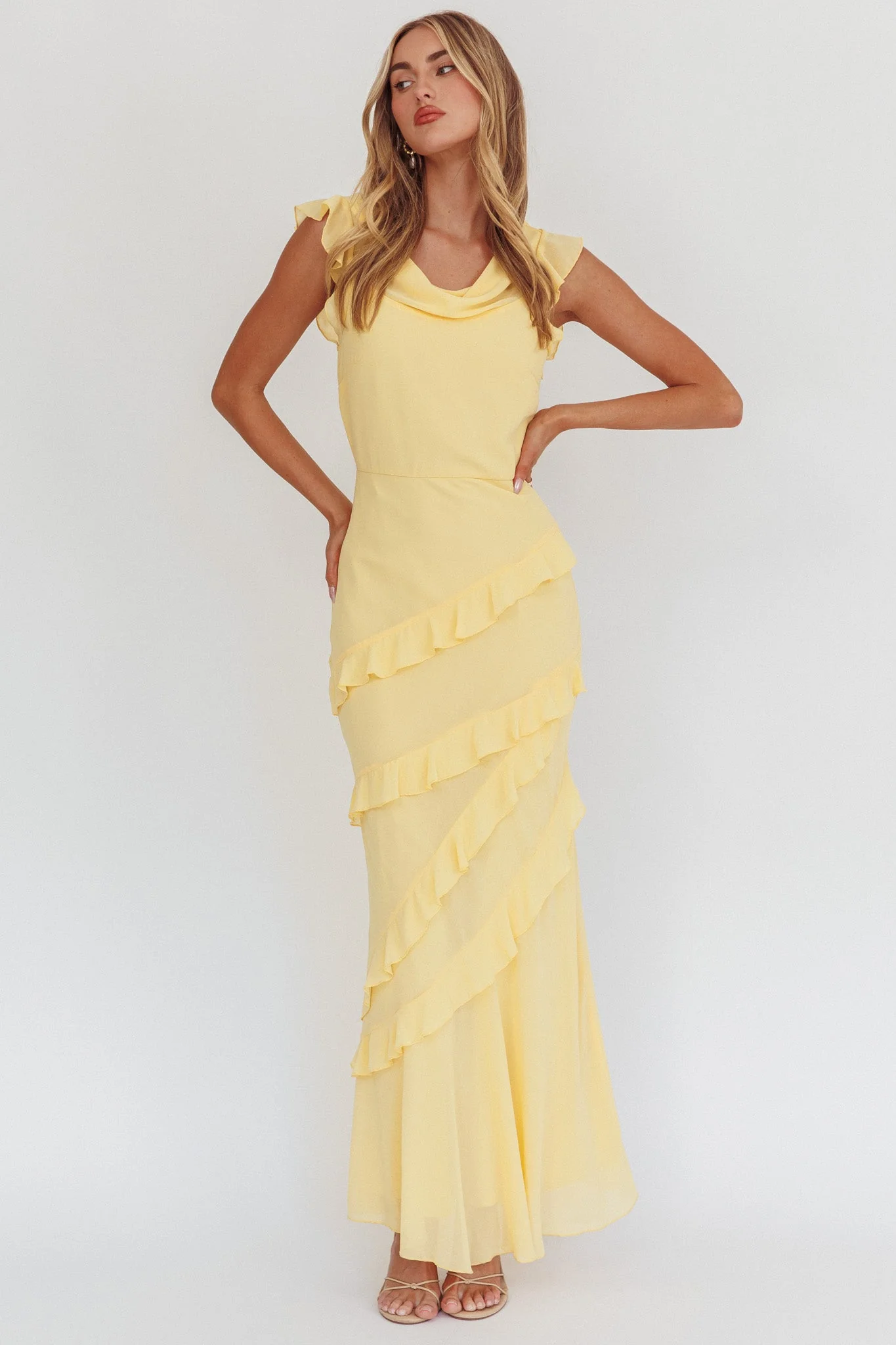 Sangria Cowl Neck Frill Maxi Dress Lemon