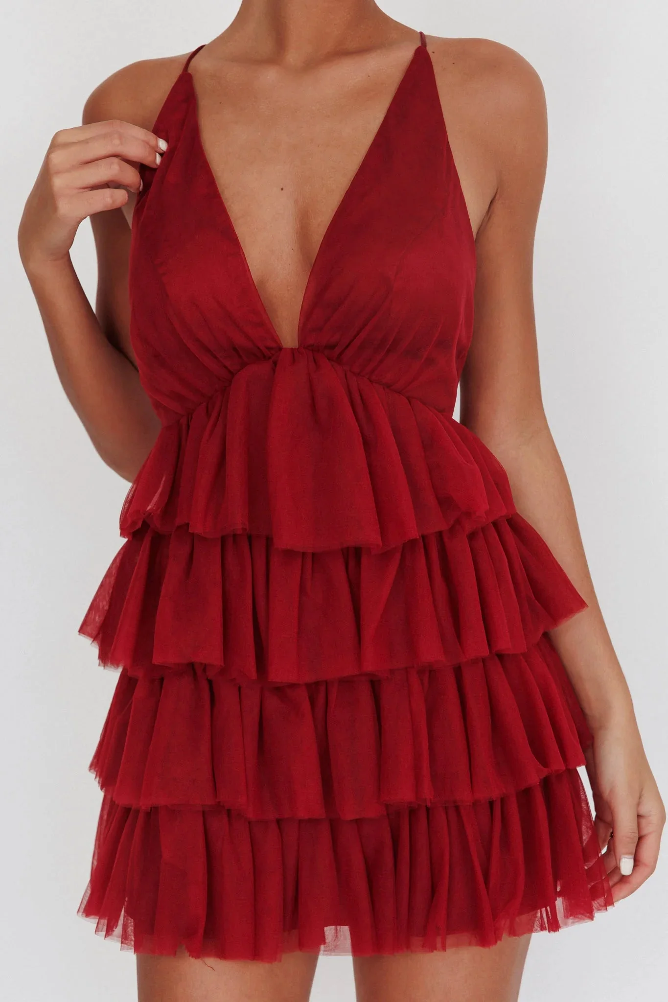 Auguste Tiered Frill Mini Dress Burgundy