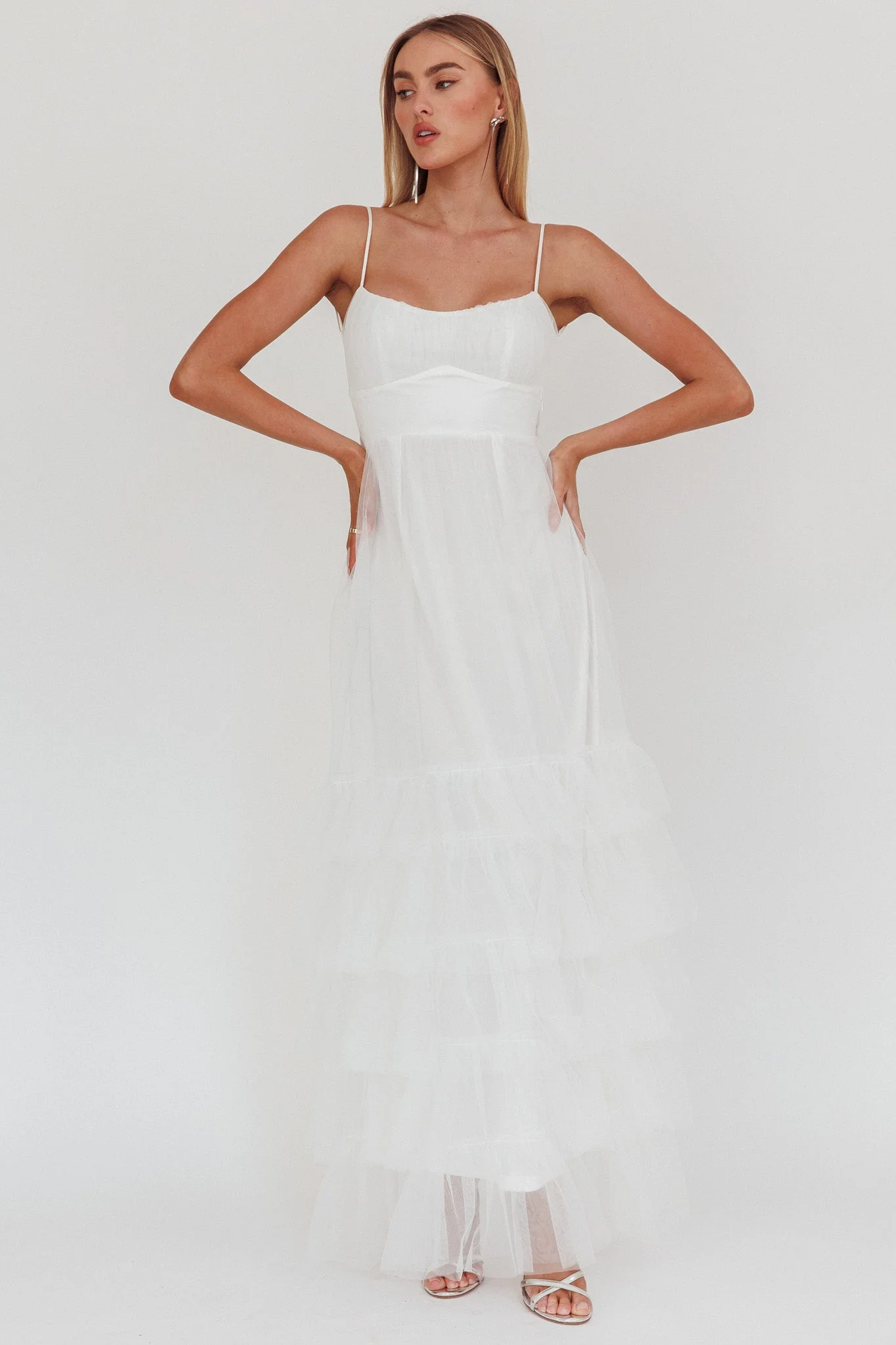 Nerida Twist Back Frill Trim Mesh Maxi Dress White