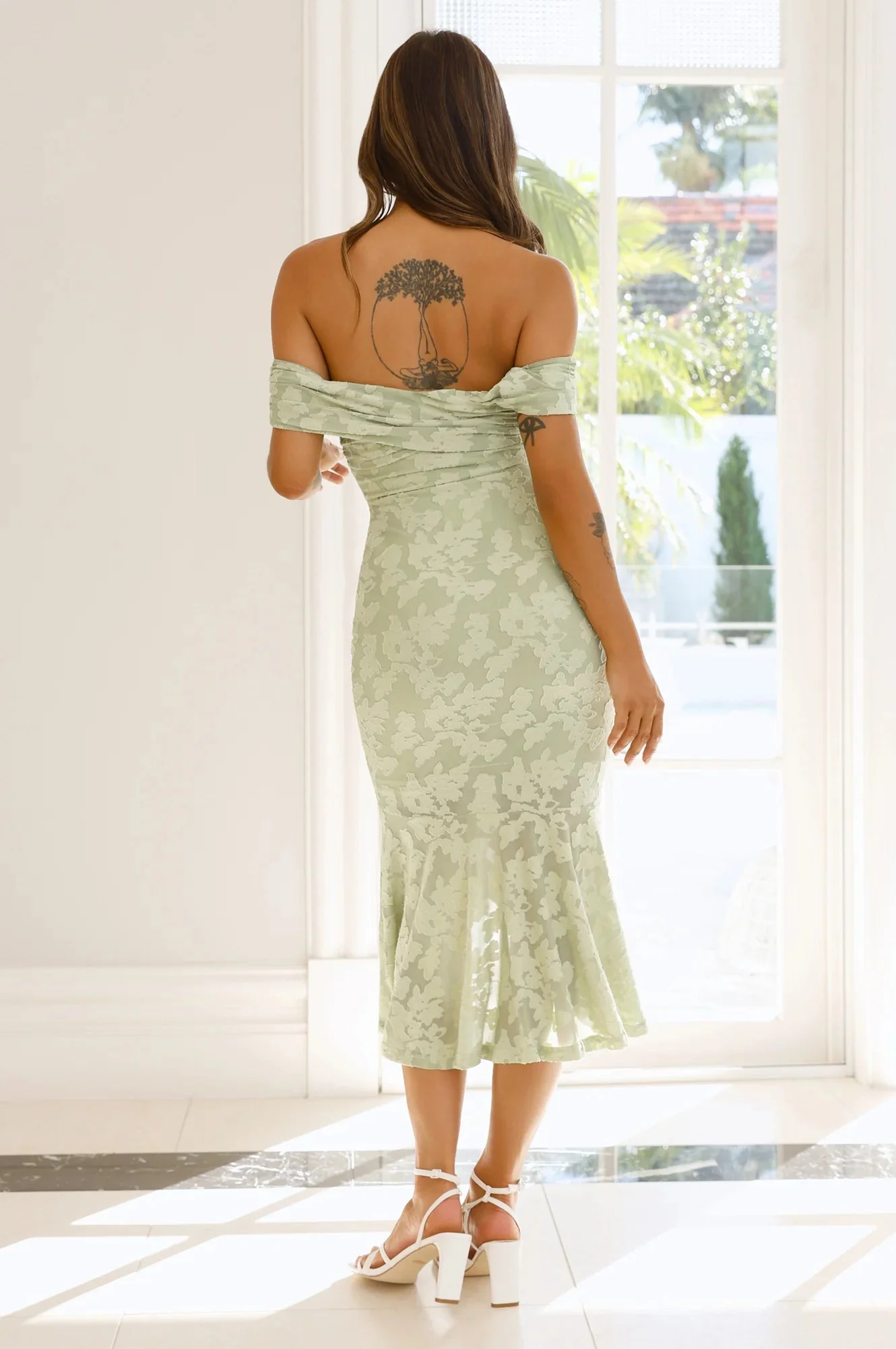 Botanical Embrace Off Shoulder Midi Dress Sage