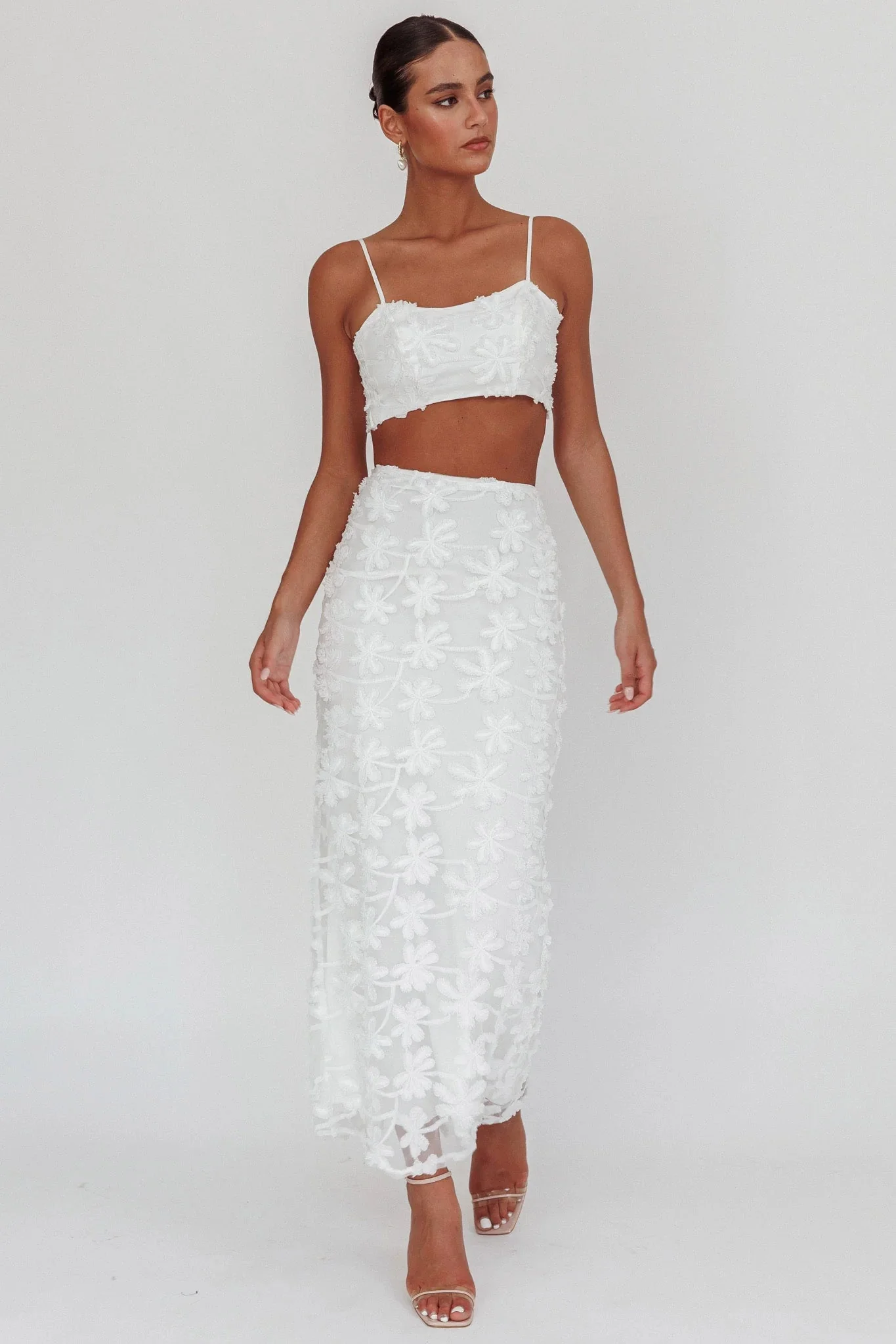 Casi Tied Back Crop Top Embroidered White