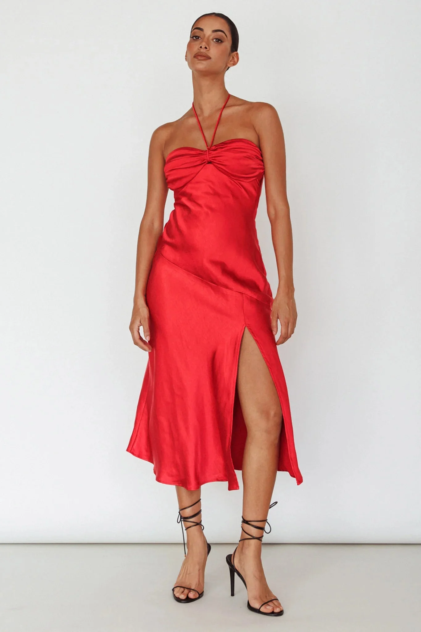 Kindred Spirit Strapless Gathered Bust Midi Dress Red