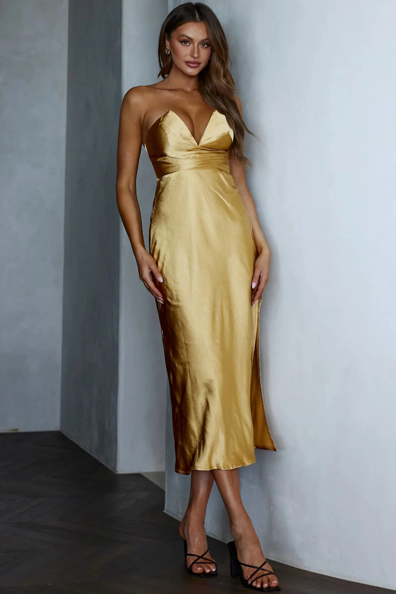 Ma Jolie Strapless Midi Dress Gold