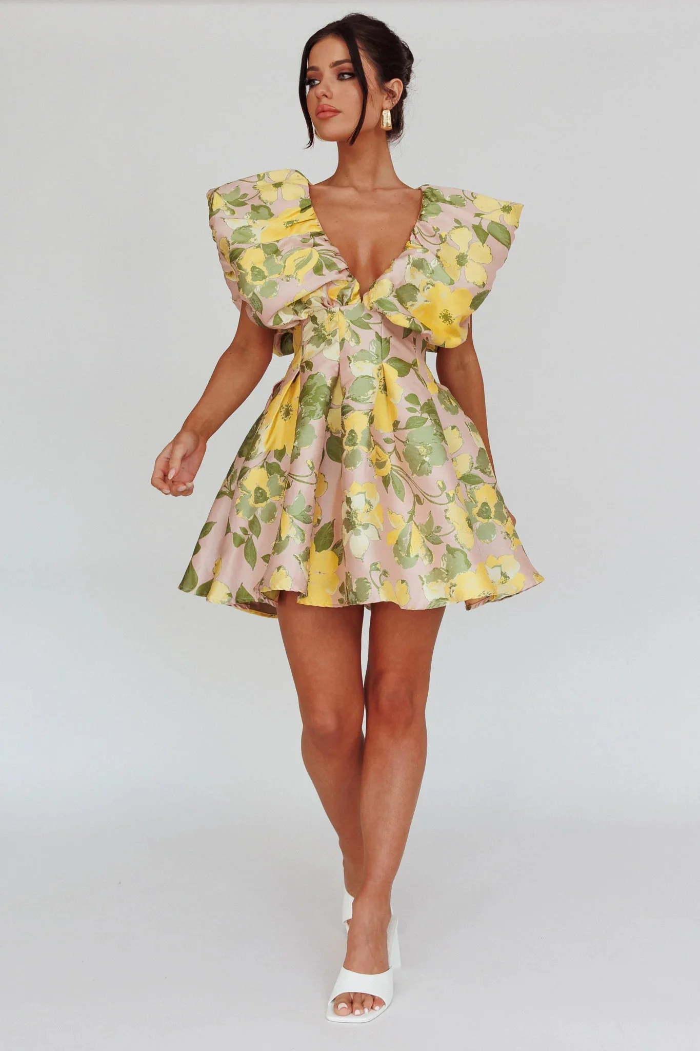 Bennet Puffed Neckline Mini Dress Floral Pink/Yellow