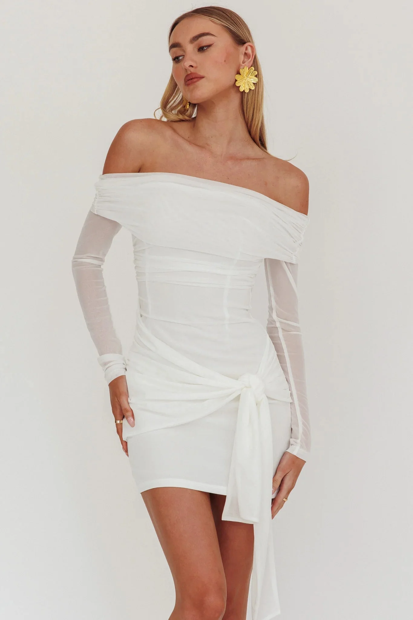 Dangerous Off Shoulder Waist Tie Mini Dress White