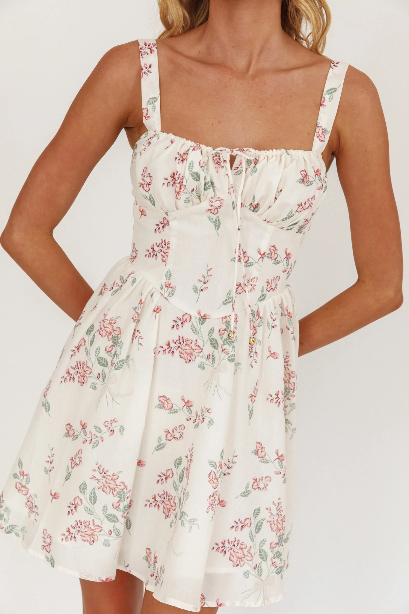 Seen The Light Tie Bust Mini Dress Floral Cream