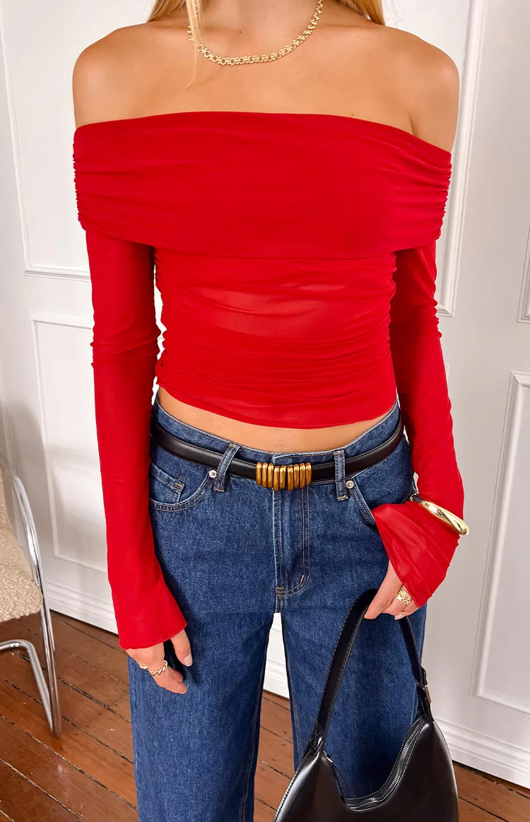 Sky Red Mesh Off Shoulder Top