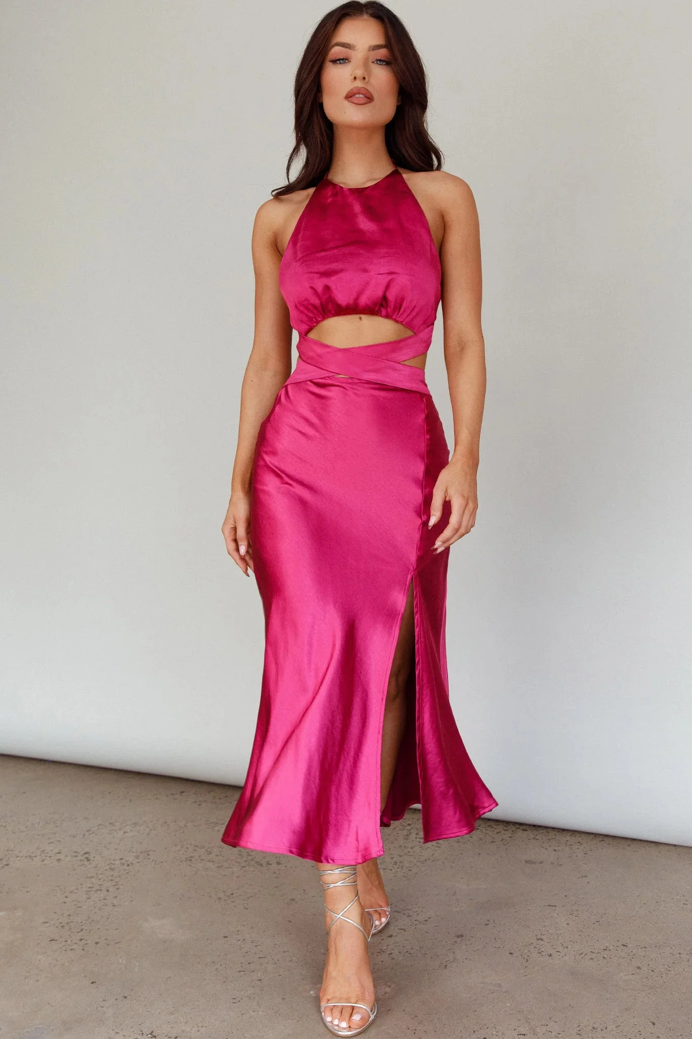 Social Butterfly Cut-Out Waist Midi Dress Fuchsia