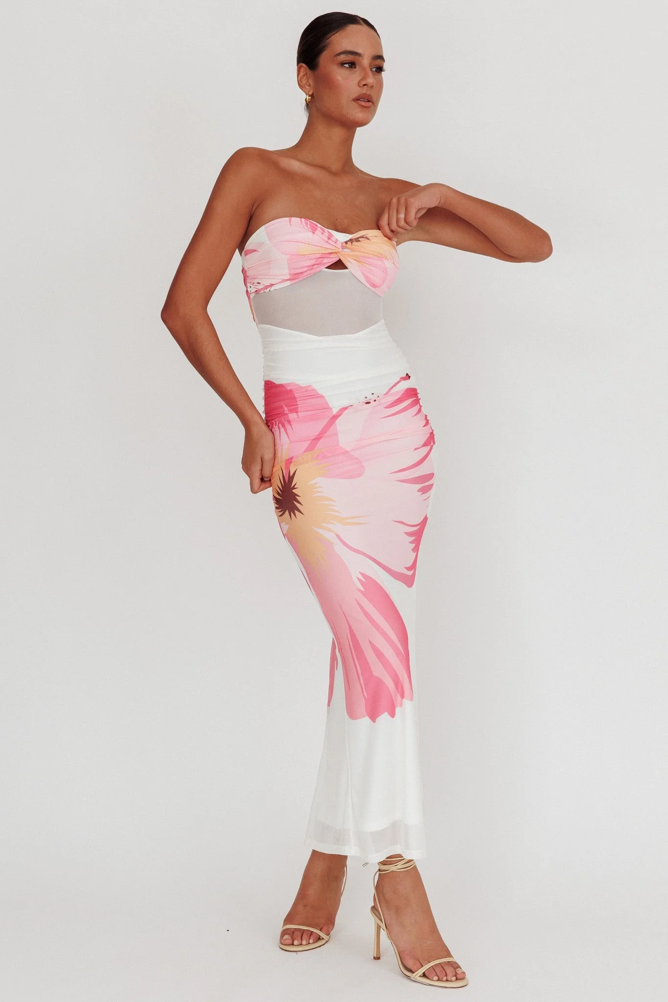 Oliana Sheer Waist Floral Maxi Dress White