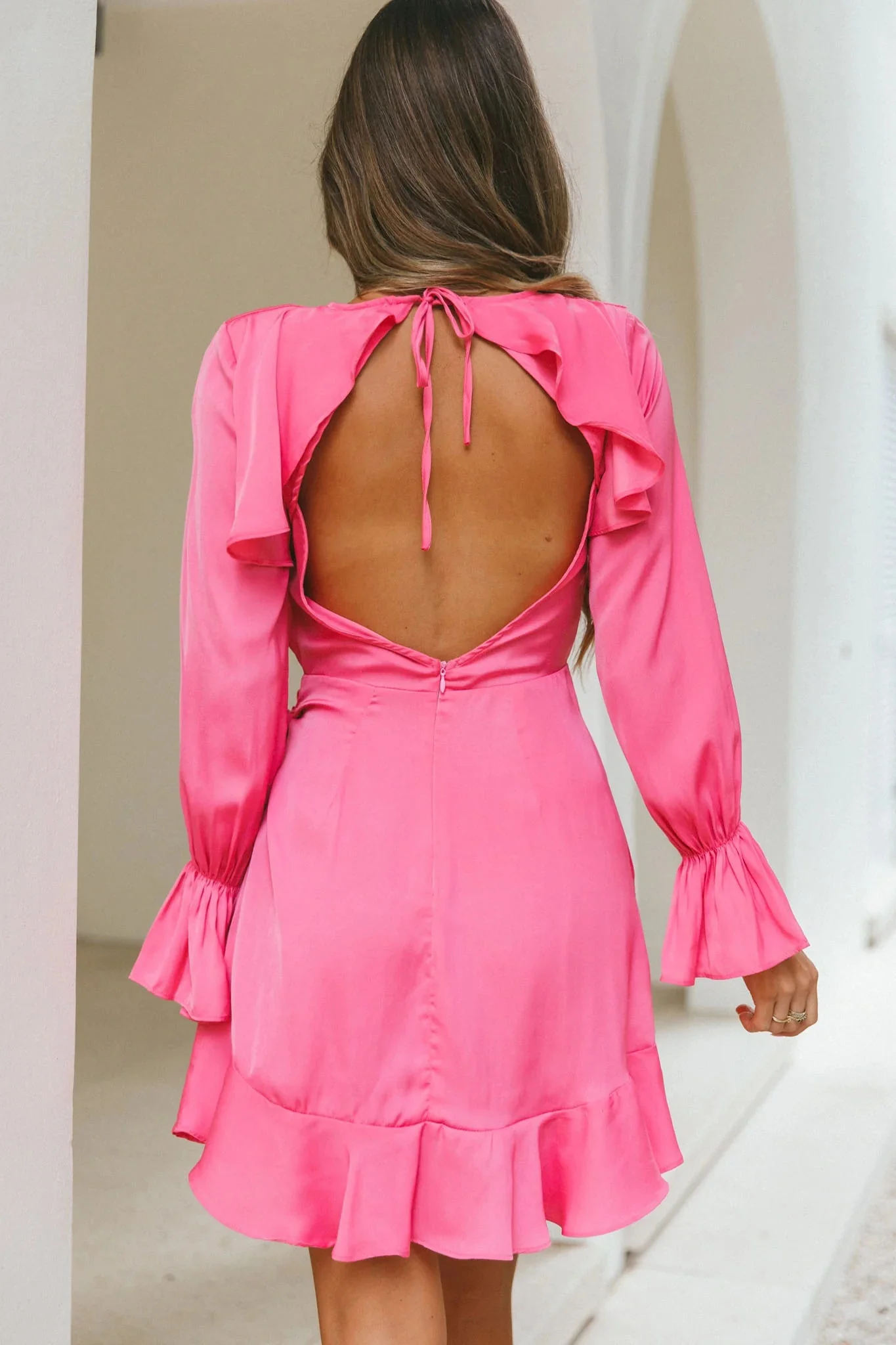 Darla Long Sleeve Satin Dress Hot Pink