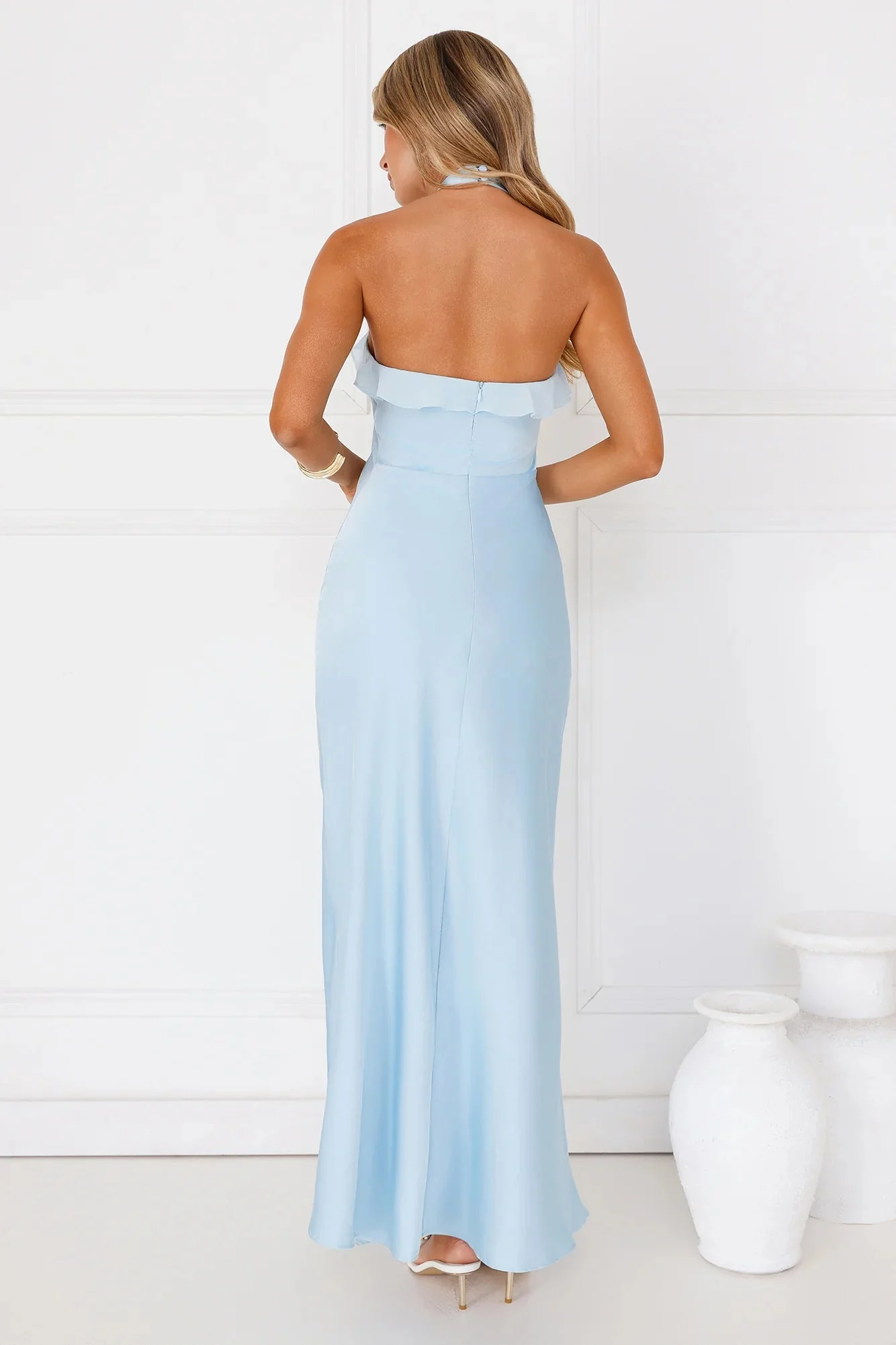 Luxora Lady Halter Satin Maxi Dress Blue