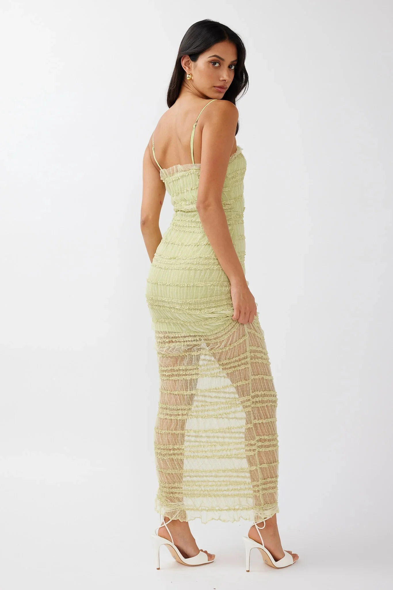 Wander & Roam Frill Trim Lace Dress Matcha