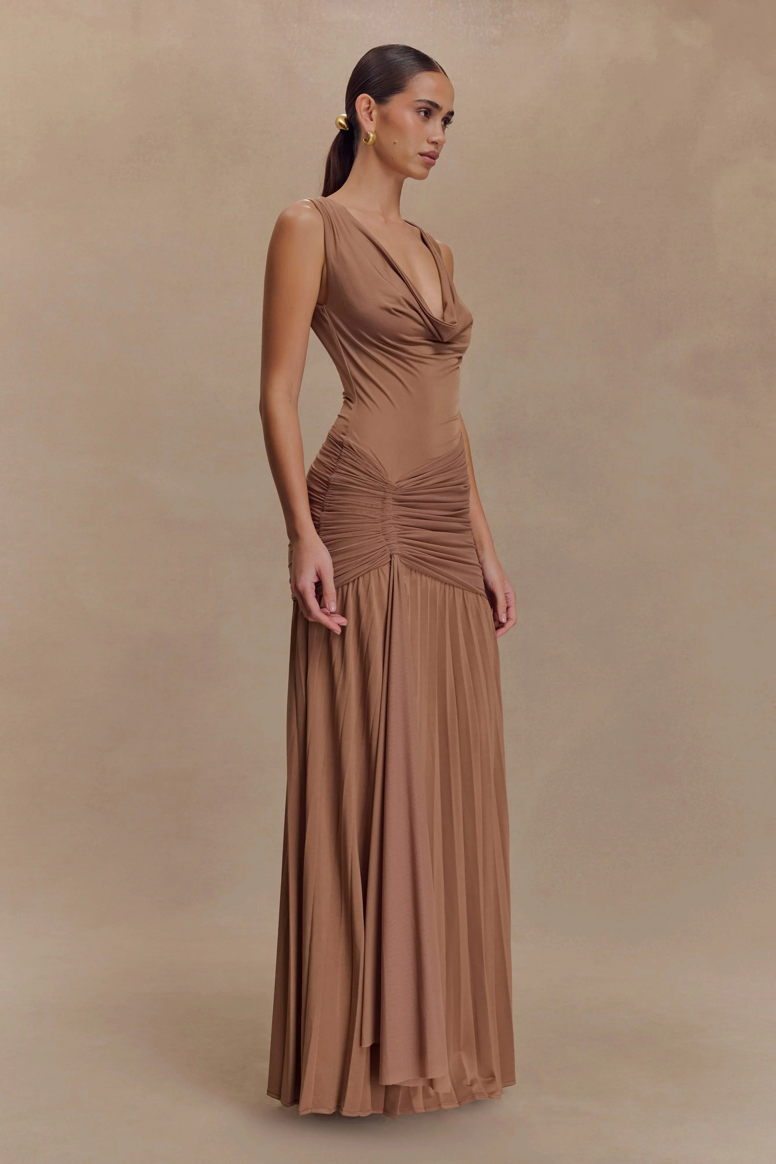 Dania Cowl Neck Slinky Maxi Dress - Mocha Mousse