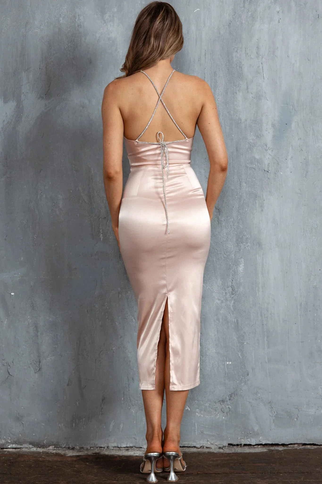 Slow Dance Diamante Strap Midi Dress Blush
