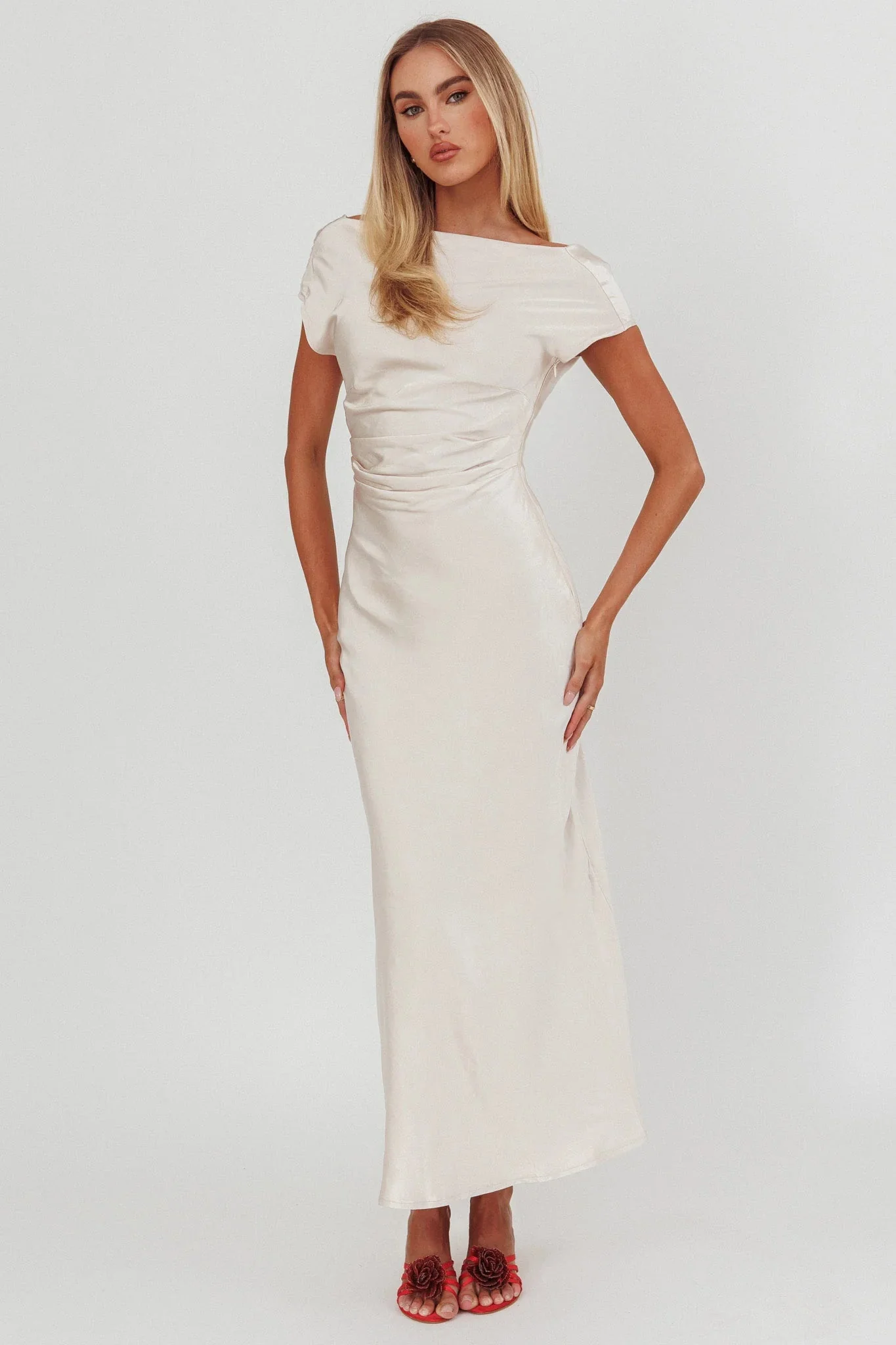 Loveland Cap Sleeve Cowl Back Midi Dress Champagne